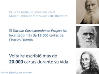 De León Tolstoi se conservan en el
Museo Tolstói de Moscú unas 10.000 cartas.
El Darwin Correspondence Project ha
localizado más de 15.000 cartas de
Charles Darwin.
Voltaire escribió más de
20.000 cartas durante su vida.
Gracias @jordi_a por los datos
 