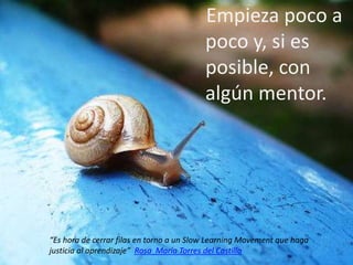 Empieza poco a
poco y, si es
posible, con
algún mentor.
“Es hora de cerrar filas en torno a un Slow Learning Movement que haga
justicia al aprendizaje” Rosa María Torres del Castillo
 