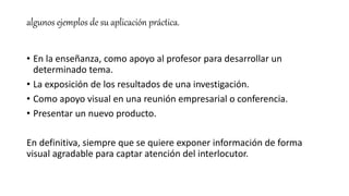 algunos ejemplos de su aplicación práctica.
• En la enseñanza, como apoyo al profesor para desarrollar un
determinado tema.
• La exposición de los resultados de una investigación.
• Como apoyo visual en una reunión empresarial o conferencia.
• Presentar un nuevo producto.
En definitiva, siempre que se quiere exponer información de forma
visual agradable para captar atención del interlocutor.
 