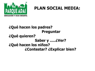 PLAN SOCIAL MEDIA: ¿Qué hacen los padres? Preguntar ¿Qué quieren?  Saber y .....¿Ver? ¿Qué hacen los niños?  ¿Contestar? ¿Explicar bien? 