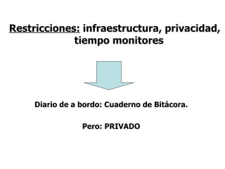 Restricciones:  infraestructura, privacidad, tiempo monitores Diario de a bordo: Cuaderno de Bitácora. Pero: PRIVADO 