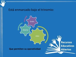 Está enmarcado bajo el trinomio:

Gratis

Abierto
Libre

Que permiten su operatividad

 