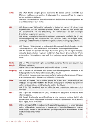 ADR :

10.3 L’ADR défend une plus grande autonomie des écoles. Celle-ci permettra aux
différents établissements scolaires de développer leur propre profil par les moyens
qui leur sembleront indiqués.
10.4 Nous considérons que les directeurs seront responsables du développement de
la qualité scolaire de leurs écoles.

KPL :

10.3 Grundschulen dürfen nicht zueinander in Konkurrenz treten, z.B. mittels eines
ausgewerteten PRS, der obendrein publiziert wurde. Der PRS soll nach Ansicht der
KPL ausschließlich auf die Entwicklung der Lernprozesse an der jeweiligen
Grundschule ausgerichtet werden.
10.4 Anstatt behördliche Kontrollmechanismen auszubauen, empfiehlt die KPL der
nächsten Regierung, den Grundschulen und « maisons relais » die nötigen Mittel,
Erziehungs- und Lehrkräfte sowie Betreuungsstrukturen zur Verfügung zu stellen.

DP:

10.3 Was den PRS anbelangt, so bedauert die DP, dass viele lokale Projekte mit der
Einführung des PRS nicht mehr weiter finanziert und dadurch gestoppt wurden.
10.4 Wir wollen den Schulen die nötige Autonomie geben, um auf regionale soziokulturelle Gegebenheiten reagieren zu können. Aus diesem Grund will die DP die
bestehenden PRS evaluieren und auf ihre konkreten Auswirkungen überprüfen
lassen.

Piratepartei :

10.3 Les PRS devraient être plus standardisés dans leur format sans devenir plus
difficiles à maintenir.
10.4 Le Parti Pirate n’a pas pris de position officielle sur ce point.

déi gréng: 10.3 Le PRS est un bon moyen pour promouvoir le développement de l’école. Il ne
doit pas produire une charge administrative trop élevée.
10.4 Avant de changer davantage, nous souhaitons attendre l’analyse des effets sur
le terrain des dernières adaptations, effectuées cette année.
10.3 Dans le cadre de l’autonomie de gestion des écoles, le PRS d’une école permet
à l’équipe enseignante d’élaborer des projets pédagogiques adaptés à la population
scolaire et de contribuer ainii à la réussite scolaire des élèves.
10.4 Si le PRS n’atteignait pas ses objectifs, des changement pourraient être
envisagés.

CSV :

10.3 Le plan de réussite scolaire (PRS) constitue une des pièces maîtresses de la
réforme scolaire.
10.4 Il s’agit de répondre aux difficultés de la mise en œuvre pratique du PRS afin
que cet outil puisse fonctionner de manière adéquate notamment en le rendant
moins rigide, moins formaliste.

PiD :

10.3 En principe le PRS devrait donner la possibilité aux écoles de se lancer dans des
projets pédagogiques innovateurs et indépendants. Toutefois l’évaluation externe
de ces projets ne devrait pas permettre à quiconque de placer les différentes écoles
en situation de concurrence.
10.4 /

>>> sne/cgfp – www.sne.lu

09 octobre 2013

LSAP :

 