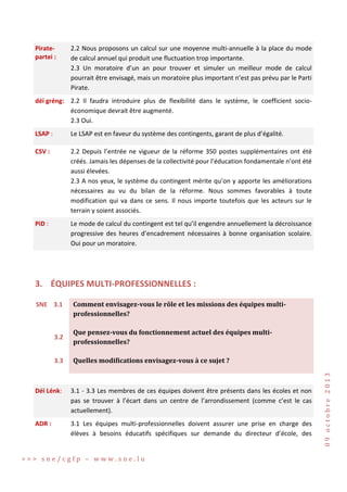 Piratepartei :

2.2 Nous proposons un calcul sur une moyenne multi-annuelle à la place du mode
de calcul annuel qui produit une fluctuation trop importante.
2.3 Un moratoire d’un an pour trouver et simuler un meilleur mode de calcul
pourrait être envisagé, mais un moratoire plus important n’est pas prévu par le Parti
Pirate.

déi gréng: 2.2 Il faudra introduire plus de flexibilité dans le système, le coefficient socioéconomique devrait être augmenté.
2.3 Oui.
LSAP :

Le LSAP est en faveur du système des contingents, garant de plus d’égalité.

CSV :

2.2 Depuis l’entrée ne vigueur de la réforme 350 postes supplémentaires ont été
créés. Jamais les dépenses de la collectivité pour l’éducation fondamentale n’ont été
aussi élevées.
2.3 A nos yeux, le système du contingent mérite qu’on y apporte les améliorations
nécessaires au vu du bilan de la réforme. Nous sommes favorables à toute
modification qui va dans ce sens. Il nous importe toutefois que les acteurs sur le
terrain y soient associés.

PiD :

Le mode de calcul du contingent est tel qu’il engendre annuellement la décroissance
progressive des heures d’encadrement nécessaires à bonne organisation scolaire.
Oui pour un moratoire.

3. ÉQUIPES MULTI-PROFESSIONNELLES :
SNE 3.1

Comment envisagez-vous le rôle et les missions des équipes multiprofessionnelles?
Que pensez-vous du fonctionnement actuel des équipes multiprofessionnelles?

3.3

Quelles modifications envisagez-vous à ce sujet ?

Déi Lénk:

3.1 - 3.3 Les membres de ces équipes doivent être présents dans les écoles et non
pas se trouver à l’écart dans un centre de l’arrondissement (comme c’est le cas
actuellement).

ADR :

3.1 Les équipes multi-professionnelles doivent assurer une prise en charge des
élèves à besoins éducatifs spécifiques sur demande du directeur d’école, des

>>> sne/cgfp – www.sne.lu

09 octobre 2013

3.2

 