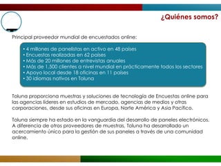¿Quiénes somos?

Principal proveedor mundial de encuestados online:

    • 4 millones de panelistas en activo en 48 países
    • Encuestas realizadas en 62 países
    • Más de 20 millones de entrevistas anuales
    • Más de 1,500 clientes a nivel mundial en prácticamente todos los sectores
    • Apoyo local desde 18 oficinas en 11 países
    • 30 idiomas nativos en Toluna


Toluna proporciona muestras y soluciones de tecnología de Encuestas online para
las agencias líderes en estudios de mercado, agencias de medios y otras
corporaciones, desde sus oficinas en Europa, Norte América y Asia Pacífico.

Toluna siempre ha estado en la vanguardia del desarrollo de paneles electrónicos.
A diferencia de otros proveedores de muestras, Toluna ha desarrollado un
acercamiento único para la gestión de sus paneles a través de una comunidad
online.
 