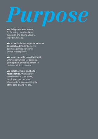 PurposeWe delight our customers.
By focusing relentlessly on
execution and adding value to
their businesses.
We strive to deliver superior returns
to shareholders. By being the
business service partner of
choice to companies.
We inspire people to do their best.
Offer opportunities for personal
development and enable them to
realise their full potential.
We establish trust and build
relationships. With all our
stakeholders – customers,
employees, partners and
shareholders, keeping integrity
at the core of who we are.
 