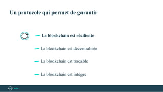 Un protocole qui permet de garantir
La blockchain est décentralisée
La blockchain est traçable
La blockchain est intègre
La blockchain est résiliente
 