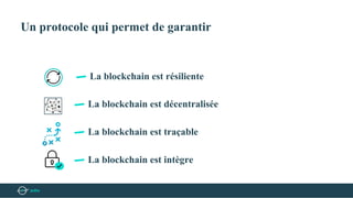 Un protocole qui permet de garantir
La blockchain est décentralisée
La blockchain est traçable
La blockchain est intègre
La blockchain est résiliente
 