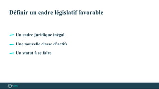 Définir un cadre législatif favorable
Un cadre juridique inégal
Une nouvelle classe d’actifs
Un statut à se faire
 