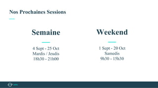 Nos Prochaines Sessions
—
4 Sept - 25 Oct
Mardis / Jeudis
18h30 - 21h00
Semaine
—
1 Sept - 20 Oct
Samedis
9h30 - 15h30
Weekend
—
 