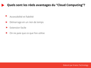Quels sont les réels avantages du “Cloud Computing”? 
Elaboré par Kratos Technology 
Accessibilité et fiabilité 
Démarrage en un rien de temps 
Extension facile 
On ne paie que ce que l’on utilise 
 