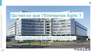 10
Cedocumentnepeutêtrereproduit,modifié,adapté,publié,traduit,d'unequelconquefaçon,entoutoupartie,ni
divulguéàuntierssansl'accordpréalableetécritdeThales-©Thales2016TousDroitsréservés.
Qu’est-ce que l’Entreprise Agile ?
Une entreprise qui fait de l‘Agile à tous les niveaux ?
 