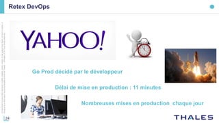 24
Cedocumentnepeutêtrereproduit,modifié,adapté,publié,traduit,d'unequelconquefaçon,entoutoupartie,ni
divulguéàuntierssansl'accordpréalableetécritdeThales-©Thales2016TousDroitsréservés.
Retex DevOps
Go Prod décidé par le développeur
Délai de mise en production : 11 minutes
Nombreuses mises en production chaque jour
 