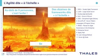 26
Cedocumentnepeutêtrereproduit,modifié,adapté,publié,traduit,d'unequelconquefaçon,entoutoupartie,ni
divulguéàuntierssansl'accordpréalableetécritdeThales-©Thales2016TousDroitsréservés.
L’Agilité dite « à l’échelle »
Au-delà de 9 personnes,
c’est l’enfer !
Des dizaines de
frameworks dits
« à l’échelle »
1. SAFe – Scaled Agile Framework
2. LeSS – Large Scale Scrum
3. Scaling Agile @ Spotify
4. SoS – Scrum of Scrum
5. DAD – Disciplined Agile Delivery
6. ScrumPLoP - Scrum Pattern
Languages of Program Group
7. RAGE – Recipe for Agile
Governance in the Entreprise
8. Entreprise Scrum
9. Agility Path
10. Lean Change Method
11. Scrum @ Scale
Conférence Franck Beulé – Scrumday 2015
http://blog.beule.fr/analyses-dexpert/la-transformation-agile-dune-grande-entreprise-comment-faire/
Se
synchroniser
 