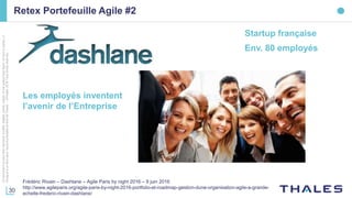 30
Cedocumentnepeutêtrereproduit,modifié,adapté,publié,traduit,d'unequelconquefaçon,entoutoupartie,ni
divulguéàuntierssansl'accordpréalableetécritdeThales-©Thales2016TousDroitsréservés.
Retex Portefeuille Agile #2
Les employés inventent
l’avenir de l’Entreprise
Env. 80 employés
Frédéric Rivain – Dashlane – Agile Paris by night 2016 – 9 juin 2016
http://www.agileparis.org/agile-paris-by-night-2016-portfolio-et-roadmap-gestion-dune-organisation-agile-a-grande-
echelle-frederic-rivain-dashlane/
Startup française
 