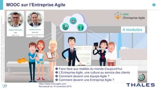 43
Cedocumentnepeutêtrereproduit,modifié,adapté,publié,traduit,d'unequelconquefaçon,entoutoupartie,ni
divulguéàuntierssansl'accordpréalableetécritdeThales-©Thales2016TousDroitsréservés.
MOOC sur l’Entreprise Agile
https://www.moocagile.com/
Nouveauté du 14 novembre 2016
 Faire face aux réalités du monde d’aujourd’hui
 L’Entreprise Agile, une culture au service des clients
 Comment devenir une équipe Agile ?
 Comment devenir une Entreprise Agile ?
4 modules
 