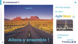 44
Cedocumentnepeutêtrereproduit,modifié,adapté,publié,traduit,d'unequelconquefaçon,entoutoupartie,ni
divulguéàuntierssansl'accordpréalableetécritdeThales-©Thales2016TousDroitsréservés.
Et maintenant ?
Un long voyage…
En 2017 :
L’Entreprise
Agile
le livreAllons-y ensemble !
beule.fr
 