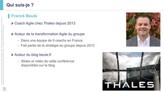 5
Cedocumentnepeutêtrereproduit,modifié,adapté,publié,traduit,d'unequelconquefaçon,entoutoupartie,ni
divulguéàuntierssansl'accordpréalableetécritdeThales-©Thales2016TousDroitsréservés.
Qui suis-je ?
▌ Franck Beulé
Coach Agile chez Thales depuis 2013
Acteur de la transformation Agile du groupe
- Dans une équipe de 9 coachs en France
- Fait partie de la stratégie du groupe depuis 2012
Auteur du blog beule.fr
- Slides et vidéo de cette conférence
disponibles sur le blog
 