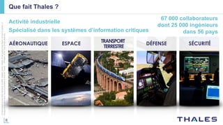 6
Cedocumentnepeutêtrereproduit,modifié,adapté,publié,traduit,d'unequelconquefaçon,entoutoupartie,ni
divulguéàuntierssansl'accordpréalableetécritdeThales-©Thales2016TousDroitsréservés.
Que fait Thales ?
Activité industrielle
Spécialisé dans les systèmes d’information critiques
67 000 collaborateurs
dont 25 000 ingénieurs
dans 56 pays
 