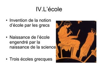 IV.L’école Invention de la notion d’école par les grecs Naissance de l’école engendré par la naissance de la science Trois écoles grecques 