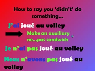 How to say you ‘didn’t’ do something… J’ ai  joué  au volley Make   an auxiliary ne…pas sandwich Je  n’ ai  pas  joué  au volley Nous  n’ avons  pas  joué  au volley 