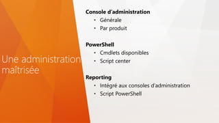 Une administration
maîtrisée
Console d’administration
• Générale
• Par produit
PowerShell
• Cmdlets disponibles
• Script center
Reporting
• Intégré aux consoles d’administration
• Script PowerShell
 