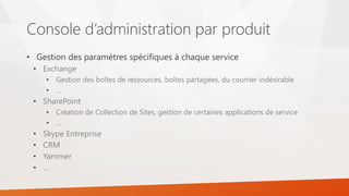 Console d’administration par produit
• Gestion des paramètres spécifiques à chaque service
• Exchange
• Gestion des boîtes de ressources, boîtes partagées, du courrier indésirable
• …
• SharePoint
• Création de Collection de Sites, gestion de certaines applications de service
• …
• Skype Entreprise
• CRM
• Yammer
• …
 