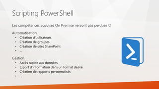 Scripting PowerShell
Les compétences acquises On Premise ne sont pas perdues 
Automatisation
• Création d’utilisateurs
• Création de groupes
• Création de sites SharePoint
• …
Gestion
• Accès rapide aux données
• Export d’information dans un format désiré
• Création de rapports personnalisés
• …
 