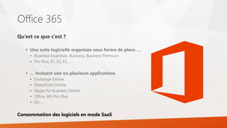 Office 365
Qu’est ce que c’est ?
• Une suite logicielle organisée sous forme de plans …
• Business Essentials, Business, Business Premium
• Pro Plus, E1, E3, E5, …
• … Incluant une ou plusieurs applications
• Exchange Online
• SharePoint Online
• Skype for Business Online
• Office 365 Pro Plus
• Etc …
Consommation des logiciels en mode SaaS
 