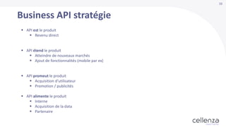 10
Business API stratégie
 API est le produit
 Revenu direct
 API étend le produit
 Atteindre de nouveaux marchés
 Ajout de fonctionnalités (mobile par ex)
 API promeut le produit
 Acquisition d’utilisateur
 Promotion / publicités
 API alimente le produit
 Interne
 Acquisition de la data
 Partenaire
 