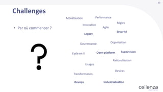 13
Challenges
Performance
Innovation
Agile
Sécurité
Legacy
OrganisationGouvernance
Open platformCycle en V
Rationalisation
Usages
Devices
Transformation
IndustrialisationDevops
• Par où commencer ?
Règles
Supervision
Monétisation
 