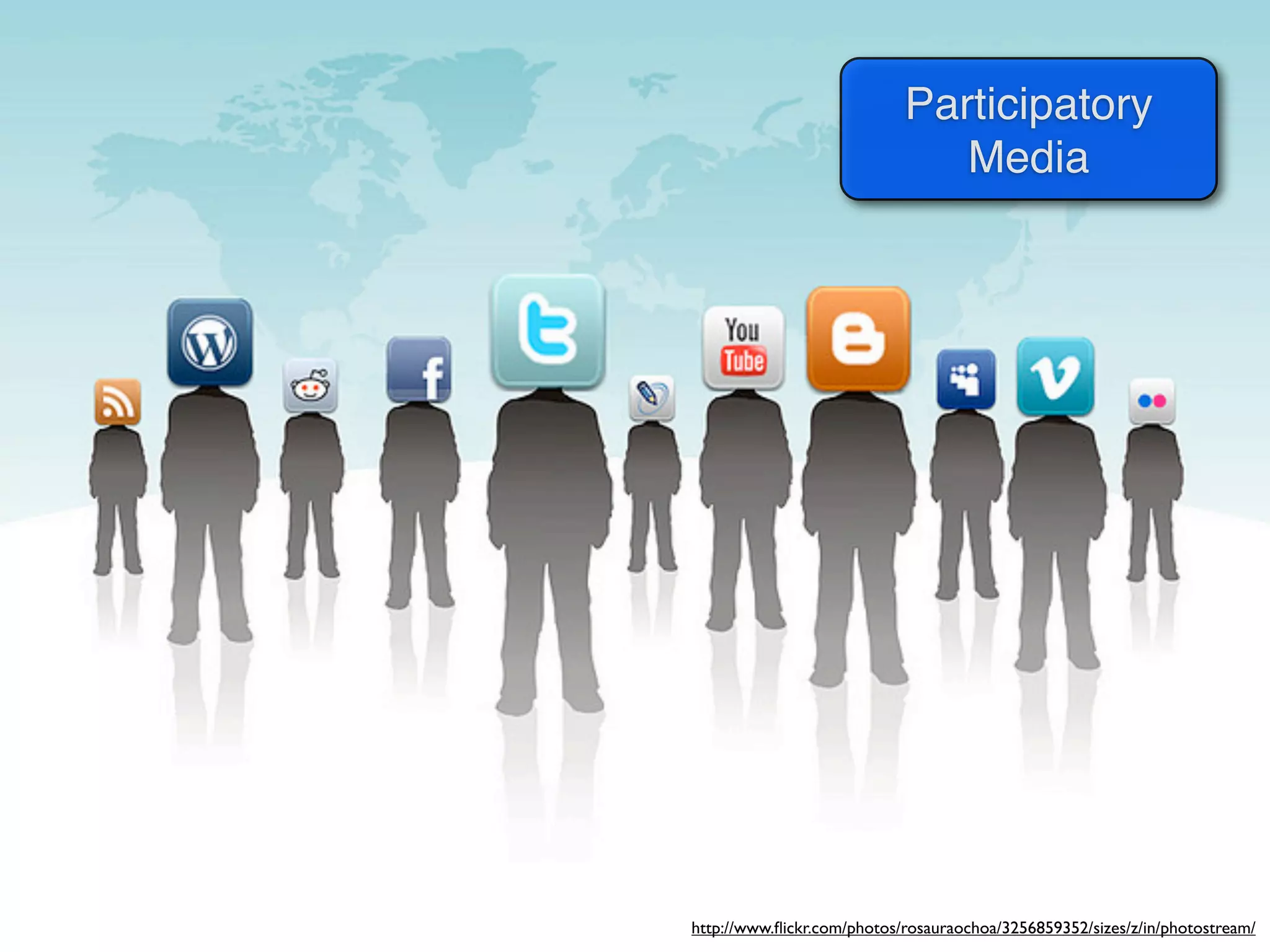 Participatory
                               Media




http://www.ﬂickr.com/photos/rosauraochoa/3256859352/sizes/z/in/photostream/
 