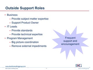 ©2013 David Consulting Group
Outside Support Roles
• Business
– Provide subject matter expertise
– Support Product Owner
• IT Leads
– Provide standards
– Provide technical expertise
• Program Management
– Big picture coordination
– Remove external impediments
Frequent
support and
encouragement
11
 