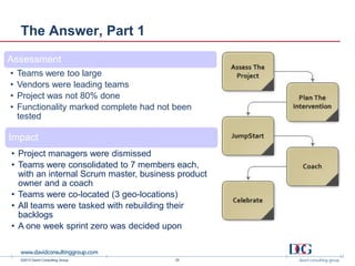 ©2013 David Consulting Group
The Answer, Part 1
25
Assessment
• Teams were too large
• Vendors were leading teams
• Project was not 80% done
• Functionality marked complete had not been
tested
Impact
• Project managers were dismissed
• Teams were consolidated to 7 members each,
with an internal Scrum master, business product
owner and a coach
• Teams were co-located (3 geo-locations)
• All teams were tasked with rebuilding their
backlogs
• A one week sprint zero was decided upon
 