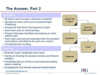 ©2013 David Consulting Group
The Answer, Part 2
26
JumpStart
• All teams went through a standard JumpStart
• Decided on team norms and completed Agile
Chartering
• Introduced Test-driven Development (Light)
• Each team built an initial backlog
• Program Manager facilitated developing an initial
release plan
• Each team planned and estimated their first iteration
and publicly committed to the plan (as a team)
• Completed team building
Coaching
• External coach facilitated each team
• Hands-on training for product owners and Scrum
masters
• Facilitated Scrum of Scrum and external weekly
status meeting
• Evangelized and trained external stakeholders
 