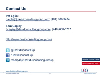 ©2013 David Consulting Group
Contact Us
Pat Eglin:
p.eglin@davidconsultinggroup.com; (484) 889-9474
Tom Cagley:
t.cagley@davidconsultinggroup.com; (440) 668-5717
http://www.davidconsultinggroup.com
28
@DavidConsultGrp
/DavidConsultGrp
/company/David-Consulting-Group Measure. Optimize. Deliver.
Phone +1.610.644.2856
 