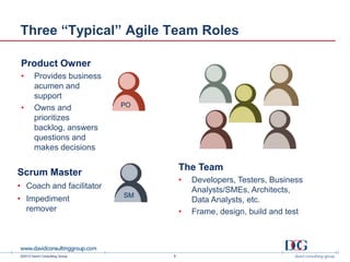 ©2013 David Consulting Group
Three “Typical” Agile Team Roles
Scrum Master
• Coach and facilitator
• Impediment
remover
The Team
• Developers, Testers, Business
Analysts/SMEs, Architects,
Data Analysts, etc.
• Frame, design, build and test
Product Owner
• Provides business
acumen and
support
• Owns and
prioritizes
backlog, answers
questions and
makes decisions
PO
SM
8
 
