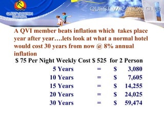 A QVI member beats inflation which  takes place year after year….lets look at what a normal hotel would cost 30 years from now @ 8% annual inflation $ 75 Per Night Weekly Cost $ 525  for 2 Person     5 Years = $  3,080     10 Years  = $  7,605     15 Years  =  $  14,255     20 Years  = $  24,025     30 Years = $  59,474 