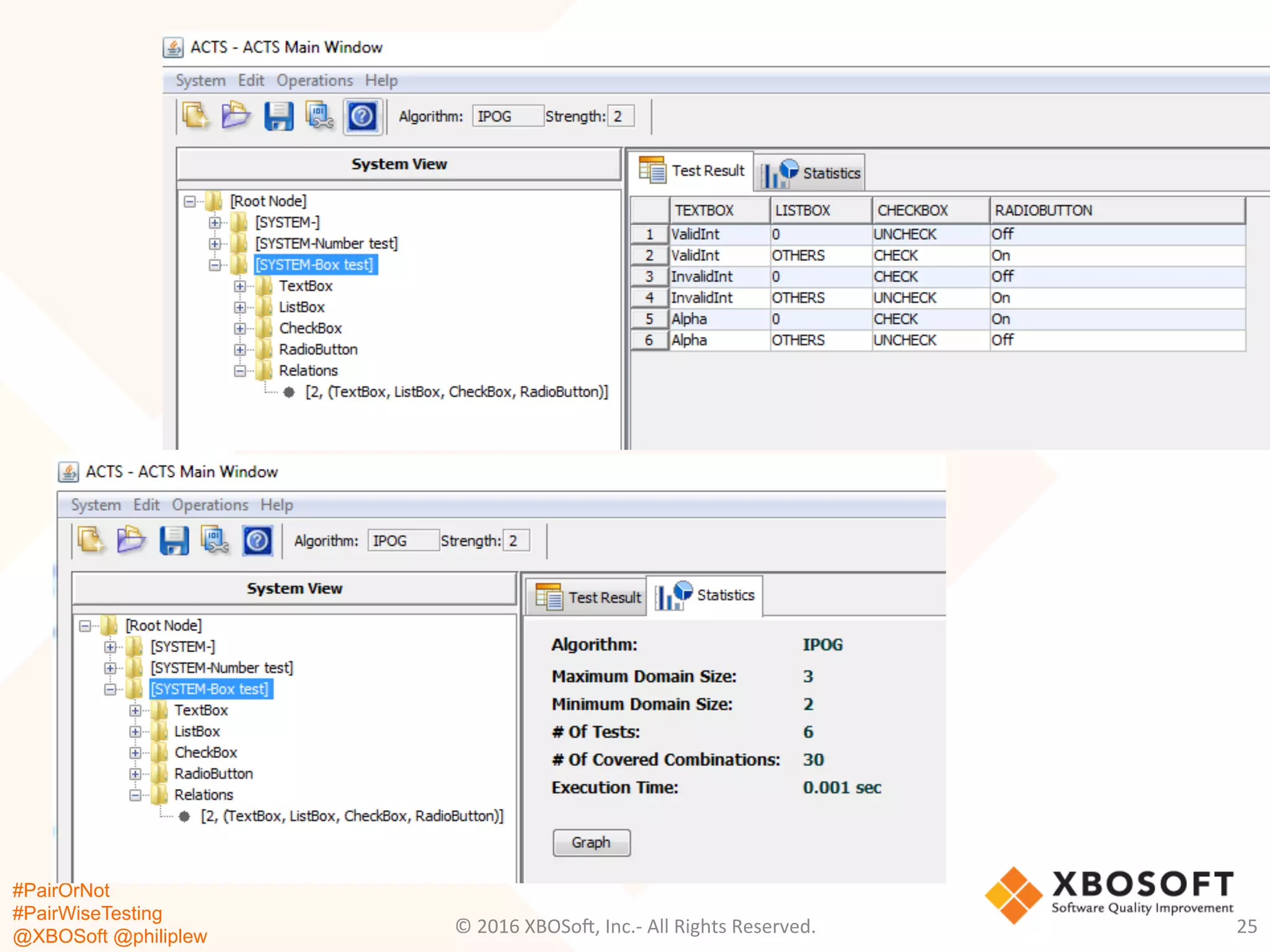 #PairOrNot
#PairWiseTesting
@XBOSoft @philiplew
©	
  2016	
  XBOSo=,	
  Inc.-­‐	
  All	
  Rights	
  Reserved.	
   25	
  
 