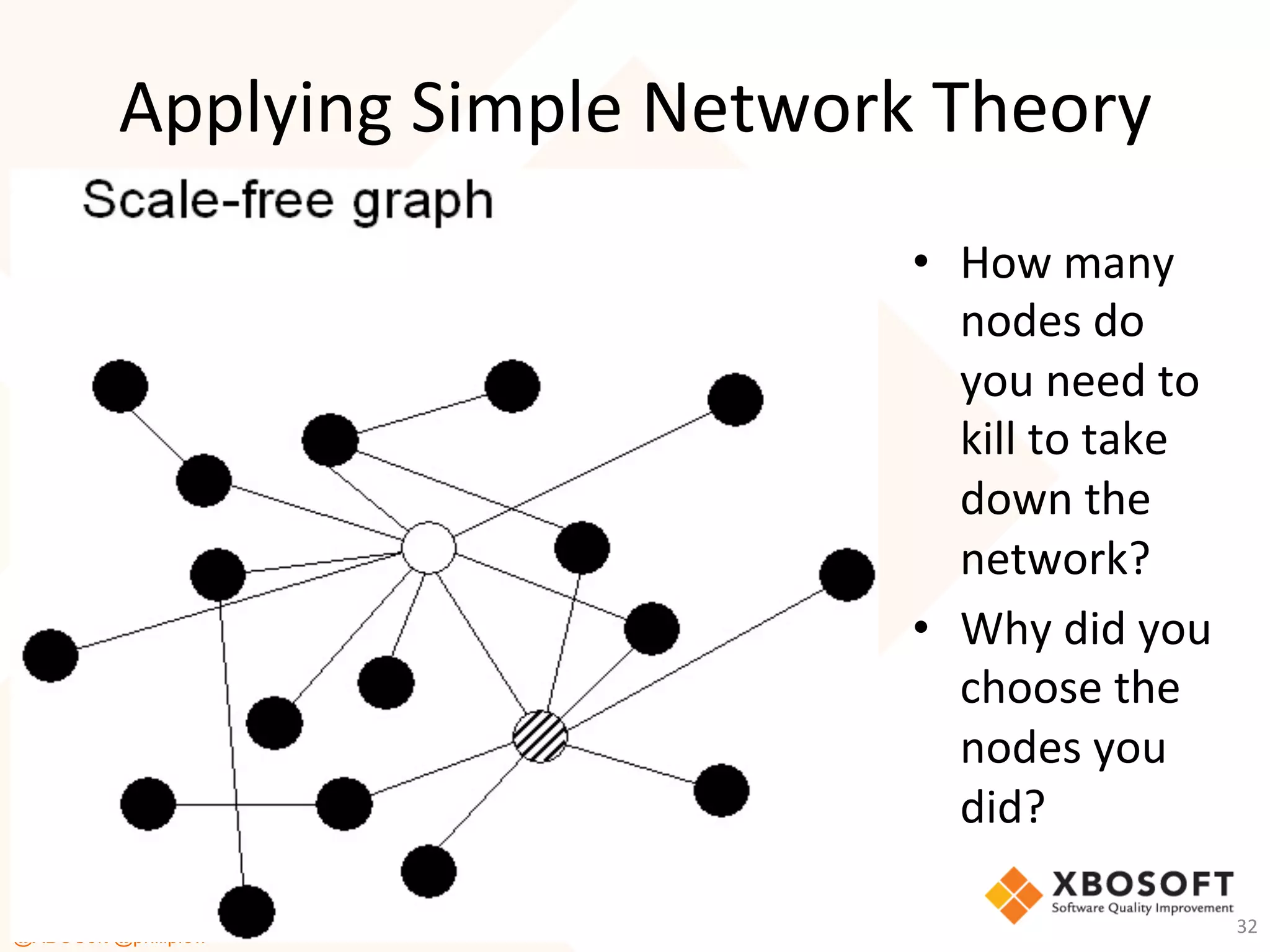 #PairOrNot
#PairWiseTesting
@XBOSoft @philiplew
Applying	
  Simple	
  Network	
  Theory	
  
•  How	
  many	
  
nodes	
  do	
  
you	
  need	
  to	
  
kill	
  to	
  take	
  
down	
  the	
  
network?	
  
•  Why	
  did	
  you	
  
choose	
  the	
  
nodes	
  you	
  
did?	
  
©	
  2016	
  XBOSo=,	
  Inc.-­‐	
  All	
  Rights	
  Reserved.	
   32	
  
 