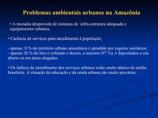A moradia desprovida de sistemas de  infra-estrutura adequada e equipamentos urbanos.  Carência de serviços para atendimento à população; - apenas  8 % do território urbano amazônico é atendido por esgotos sanitários;  - apenas 36 % do lixo é coletado e desses, a maioria (97 %), é depositados a céu aberto ou em áreas alagadas.  Os índices de atendimento dos serviços urbanos estão muito abaixo da média brasileira. A situa ção d a educação e da renda urbana são muito precárias. Problemas ambientais urbanos na Amaz ô nia 