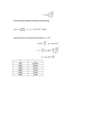 Demonstração adaptada do Moysés Nussenzveig.



vi)



vii)calculando-se os desvios para latitude     :




        h                     x
       50m                 0,022m
      100m                 0,061m
      150m                 0,11m
      200m                 0,17m
      250m                 0,24m
      300m                 0,32m
 