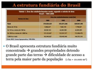 A estrutura fundiária do Brasil
 O Brasil apresenta estrutura fundiária muito
concentrada  grandes propriedades detendo
grande parte das terras  dificuldade de acesso a
terra pela maior parte da população (1 ha = 10.000 m2)
 