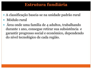 Estrutura fundiária
 A classificação baseia-se na unidade padrão rural
 Módulo rural
 Área onde uma família de 4 adultos, trabalhando
durante 1 ano, consegue retirar sua subsistência e
garantir progresso social e econômico, dependendo
do nível tecnológico de cada região.
 