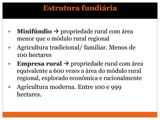  Minifúndio  propriedade rural com área
menor que o módulo rural regional
 Agricultura tradicional/ familiar. Menos de
100 hectares
 Empresa rural  propriedade rural com área
equivalente a 600 vezes a área do módulo rural
regional, explorado econômica e racionalmente
 Agricultura moderna. Entre 100 e 999
hectares.
Estrutura fundiária
 