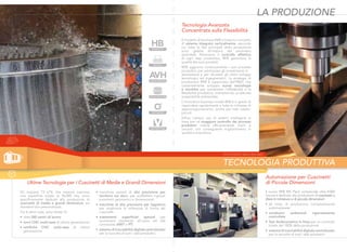 BAINITE HT
TOUGH ROLLER
VICTORY LINE
PROFILE
CAGE DESIGN
OPTIMIZED
Ultime Tecnologie per i Cuscinetti di Medie e Grandi Dimensioni
Gli impianti T3 eT4, che insieme coprono
una superﬁcie totale di 96.000 mq, sono
speciﬁcamente dedicati alla produzione di
cuscinetti di medie e grandi dimensioni, sia
standard che personalizzati.
Tra le altre cose, sono dotati di:
• oltre 260 centri di lavoro
• torni CNC multi-asse di ultima generazione
• rettiﬁche CNC multi-asse di ultima
generazione
• macchine utensili di alta precisione per
tornitura sul duro, per soddisfare rigorosi
parametri geometrici e dimensionali
• macchine di alta precisione per lappatura
per migliorare le tolleranze di forma dei
cuscinetti
• trattamenti superﬁciali speciali per
aumentare resistenza all'usura ed alla
corrosione (AWT e PT)
• sistema di tracciabilità digitale centralizzato
per la raccolta di tutti i dati produttivi
LA PRODUZIONE
TECNOLOGIA PRODUTTIVA
TUTTO PARTE DALL'ACCIAIO
ESESESPEPEPERIRIRIENENENZAZAZA NNNELELELL'L'L INININDUDUDUSTSTSTRIRIRIAAA
Tecnologia Avanzata
Concentrata sulla Flessibilità
Automazione per Cuscinetti
di Piccole Dimensioni
Il modello di business RKB si basa sul concetto
di sistema integrato verticalmente, secondo
cui tutte le fasi principali della produzione
sono gestite all'interno del perimetro
aziendale. Attraverso il controllo effettivo
di ogni step produttivo, RKB garantisce la
qualità dei suoi prodotti.
RKB aggiorna continuamente i suoi processi
produttivi, per ottimizzare gli investimenti in
attrezzature e per sfruttare gli ultimi sviluppi
tecnologici ed ingegneristici. La strategia di
produzione RKB è supportata dall'R&D, che
costantemente sviluppa nuove tecnologie
e tecniche per aumentare l'afﬁdabilità e la
ﬂessibilità produttiva, mantenendo un'elevata
sostenibilità ambientale.
L'innovativo business model RKB è in grado di
rispondere rapidamente a tutte le richieste di
approvvigionamento, anche per lotti medio-
piccoli.
Inﬁne, l'ampio uso di sistemi intelligenti in
linea per un maggiore controllo dei processi
produttivi riduce efﬁcacemente scarti e
varianti, con conseguente miglioramento in
qualità e precisione.
Il nuovo RKB MS Plant comprende oltre 8.000
mq ed è dedicato alla produzione di cuscinetti a
sfere in miniatura e di piccole dimensioni:
• 36 linee di produzione completamente
automatizzate
• condizioni ambientali rigorosamente
controllate
• Test Anderometrici in linea per un controllo
totale del 100% della produzione
• sistema di tracciabilità digitale centralizzato
per la raccolta di tutti i dati produttivi
 