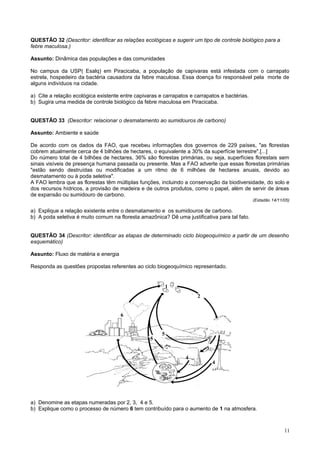 QUESTÃO 32 (Descritor: identificar as relações ecológicas e sugerir um tipo de controle biológico para a
febre maculosa.)
Assunto: Dinâmica das populações e das comunidades
No campus da USP( Esalq) em Piracicaba, a população de capivaras está infestada com o carrapato
estrela, hospedeiro da bactéria causadora da febre maculosa. Essa doença foi responsável pela morte de
alguns indivíduos na cidade.
a) Cite a relação ecológica existente entre capivaras e carrapatos e carrapatos e bactérias.
b) Sugira uma medida de controle biológico da febre maculosa em Piracicaba.
QUESTÃO 33 (Descritor: relacionar o desmatamento ao sumidouros de carbono)
Assunto: Ambiente e saúde
De acordo com os dados da FAO, que recebeu informações dos governos de 229 países, "as florestas
cobrem atualmente cerca de 4 bilhões de hectares, o equivalente a 30% da superfície terrestre".[...]
Do número total de 4 bilhões de hectares, 36% são florestas primárias, ou seja, superfícies florestais sem
sinais visíveis de presença humana passada ou presente. Mas a FAO adverte que essas florestas primárias
"estão sendo destruídas ou modificadas a um ritmo de 6 milhões de hectares anuais, devido ao
desmatamento ou à poda seletiva".
A FAO lembra que as florestas têm múltiplas funções, incluindo a conservação da biodiversidade, do solo e
dos recursos hídricos, a provisão de madeira e de outros produtos, como o papel, além de servir de áreas
de expansão ou sumidouro de carbono.
(Estadão 14/11/05)
a) Explique a relação existente entre o desmatamento e os sumidouros de carbono.
b) A poda seletiva é muito comum na floresta amazônica? Dê uma justificativa para tal fato.
QUESTÃO 34 (Descritor: identificar as etapas de determinado ciclo biogeoquímico a partir de um desenho
esquemático)
Assunto: Fluxo de matéria e energia
Responda as questões propostas referentes ao ciclo biogeoquímico representado.
a) Denomine as etapas numeradas por 2, 3, 4 e 5.
b) Explique como o processo de número 6 tem contribuído para o aumento de 1 na atmosfera.
11
1
2
3
4
5
5
6
4
 