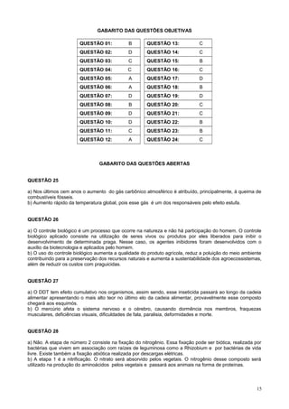 GABARITO DAS QUESTÕES OBJETIVAS
QUESTÃO 01: B QUESTÃO 13: C
QUESTÃO 02: D QUESTÃO 14: C
QUESTÃO 03: C QUESTÃO 15: B
QUESTÃO 04: C QUESTÃO 16: C
QUESTÃO 05: A QUESTÃO 17: D
QUESTÃO 06: A QUESTÃO 18: B
QUESTÃO 07: D QUESTÃO 19: D
QUESTÃO 08: B QUESTÃO 20: C
QUESTÃO 09: D QUESTÃO 21: C
QUESTÃO 10: D QUESTÃO 22: B
QUESTÃO 11: C QUESTÃO 23: B
QUESTÃO 12: A QUESTÃO 24: C
GABARITO DAS QUESTÕES ABERTAS
QUESTÃO 25
a) Nos últimos cem anos o aumento do gás carbônico atmosférico é atribuído, principalmente, à queima de
combustíveis fósseis.
b) Aumento rápido da temperatura global, pois esse gás é um dos responsáveis pelo efeito estufa.
QUESTÃO 26
a) O controle biológico é um processo que ocorre na natureza e não há participação do homem. O controle
biológico aplicado consiste na utilização de seres vivos ou produtos por eles liberados para inibir o
desenvolvimento de determinada praga. Nesse caso, os agentes inibidores foram desenvolvidos com o
auxílio da biotecnologia e aplicados pelo homem.
b) O uso do controle biológico aumenta a qualidade do produto agrícola, reduz a poluição do meio ambiente
contribuindo para a preservação dos recursos naturais e aumenta a sustentabilidade dos agroecossistemas,
além de reduzir os custos com praguicidas.
QUESTÃO 27
a) O DDT tem efeito cumulativo nos organismos, assim sendo, esse inseticida passará ao longo da cadeia
alimentar apresentando o mais alto teor no último elo da cadeia alimentar, provavelmente esse composto
chegará aos esquimós.
b) O mercúrio afeta o sistema nervoso e o cérebro, causando dormência nos membros, fraquezas
musculares, deficiências visuais, dificuldades de fala, paralisia, deformidades e morte.
QUESTÃO 28
a) Não. A etapa de número 2 consiste na fixação do nitrogênio. Essa fixação pode ser biótica, realizada por
bactérias que vivem em associação com raízes de leguminosa como a Rhizobium e por bactérias de vida
livre. Existe também a fixação abiótica realizada por descargas elétricas.
b) A etapa 1 é a nitrificação. O nitrato será absorvido pelos vegetais. O nitrogênio desse composto será
utilizado na produção do aminoácidos pelos vegetais e passará aos animais na forma de proteínas.
15
 