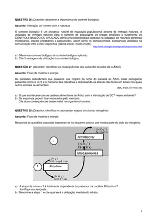 QUESTÃO 26 (Descritor: descrever a importância do controle biológico)
Assunto: Interação do homem com a natureza
O controle biológico é um processo natural de regulação populacional através de inimigos naturais. A
utilização de inimigos naturais para o controle de populações de pragas propiciou o surgimento do
CONTROLE BIOLÓGICO APLICADO como uma biotecnologia baseada na utilização de recursos genéticos
microbianos, insetos predadores e parasitóides, assim como os semioquímicos, substâncias utilizadas na
comunicação intra e inter-específica (planta-inseto, inseto-inseto).
http://www.cenargen.embrapa.br/conbio/conbio.html
a) Diferencie controle biológico de controle biológico aplicado.
b) Cite 3 vantagens da utilização do controle biológico.
QUESTÃO 27 (Descritor: identificar as consequências dos poluentes levados até o Ártico)
Assunto: Fluxo da matéria e energia
Os cientistas descobriram que pássaros que migram do norte do Canadá ao Ártico estão carregando
poluentes como o DDT e o mercúrio das indústrias e depositando-os através das fezes em locais nos quais
outros animais se alimentam.
(BBC Brasil.com 15/07/05)
a) O que acontecerá com as cadeias alimentares do Ártico com a introdução do DDT nesse ambiente?
b) Os esquimós podem ficar intoxicados pelo mercúrio.
Cite duas consequências desse metal no organismo humano.
QUESTÃO 28 (Descritor: identificar e caracterizar etapas do ciclo do nitrogênio)
Assunto: Fluxo de matéria e energia
Responda as questões propostas baseando-se no esquema abaixo que mostra parte do ciclo do nitrogênio.
a) A etapa de número 2 é totalmente dependente da presença da bactéria Rhizobium?
Justifique sua resposta.
b) Denomine a etapa 1 e cite qual será a utilização imediata do nitrato.
9
1
2
 