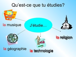 Qu’est-ce que tu étudies?
J’étudie…
la géographie
la musique
la religion
la technologie
la religion
la technologie
 